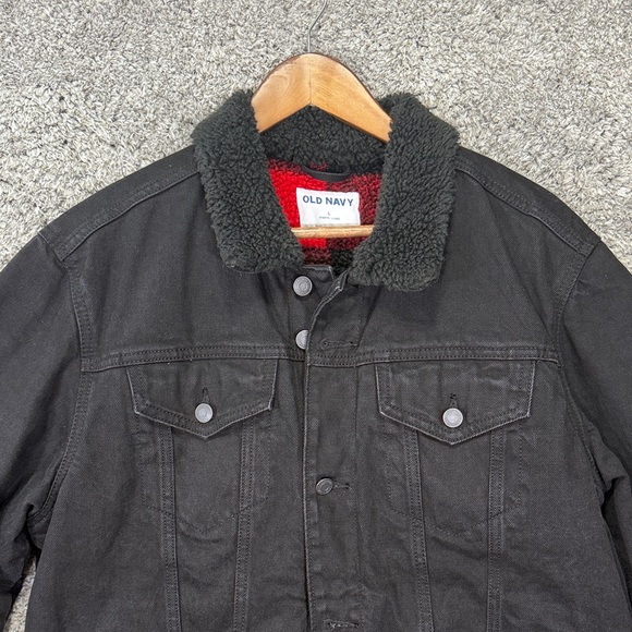 Old Navy Black Denim Sherpa LinedJacket for Men Size Large Collared Trucker Coat - Picture 2 of 16